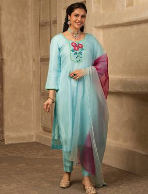 Pastel blue hand embroidered  silk suit 2