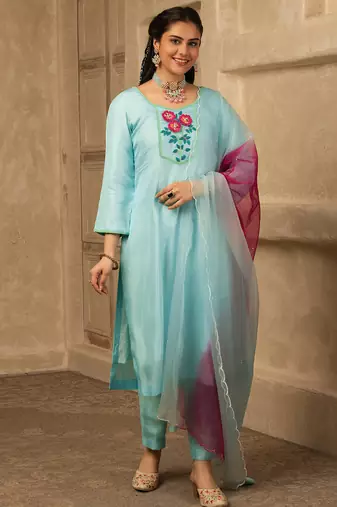 Pastel blue hand embroidered  silk suit