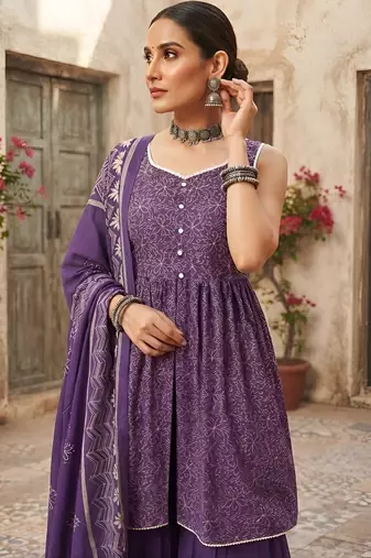 Purple floral printed cotton kurta set