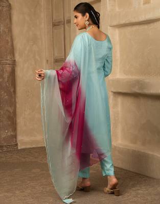 Pastel blue hand embroidered  silk suit 3