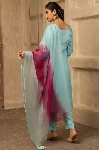 Pastel blue hand embroidered  silk suit