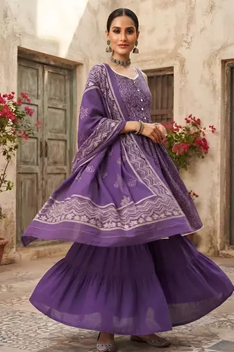 Purple floral printed cotton kurta set