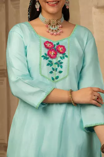 Pastel blue hand embroidered  silk suit