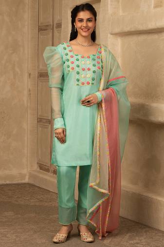 Mint green hand embroidered  silk suit