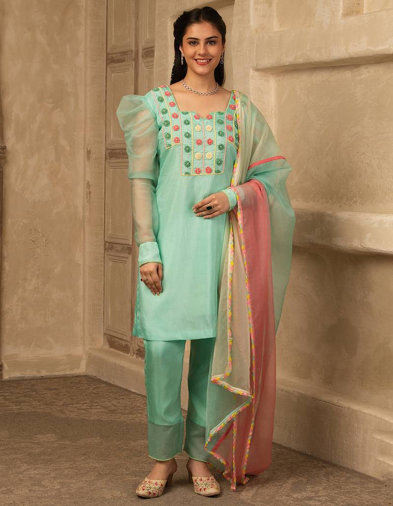 Mint green hand embroidered  silk suit