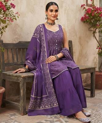 Purple floral printed cotton kurta set 5