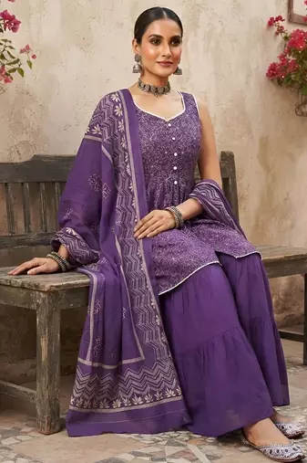 Purple floral printed cotton kurta set