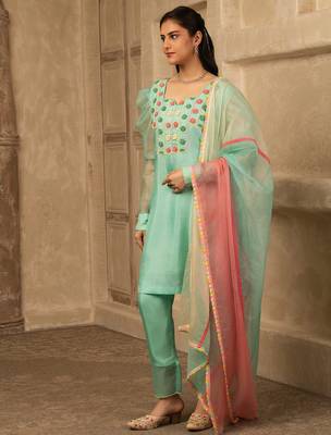 Mint green hand embroidered  silk suit 2