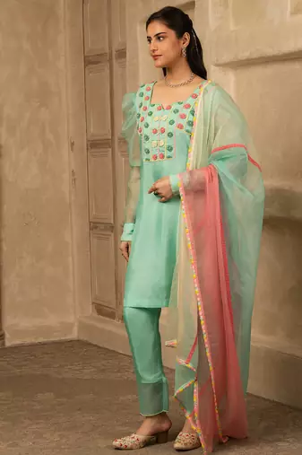 Mint green hand embroidered  silk suit
