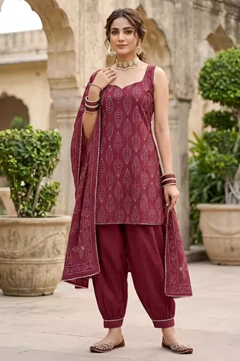 Burgundy floral printed cotton kurta set