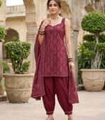 Burgundy floral printed cotton kurta set
