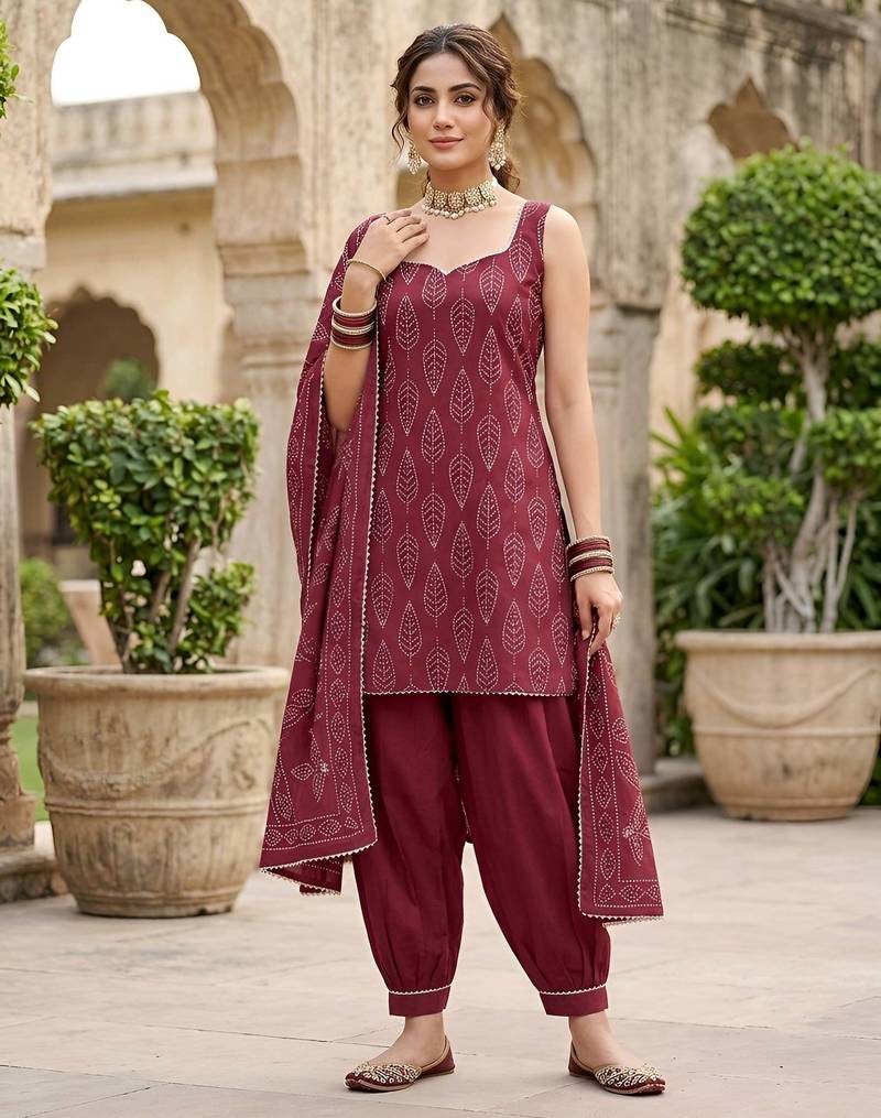 Burgundy floral printed cotton kurta set