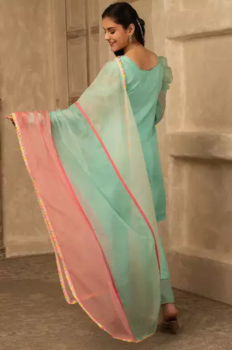 Mint green hand embroidered  silk suit