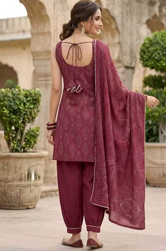 Burgundy floral printed cotton kurta set