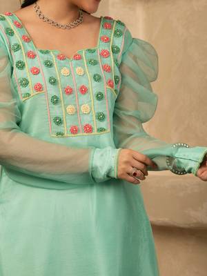 Mint green hand embroidered  silk suit 4