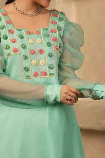 Mint green hand embroidered  silk suit