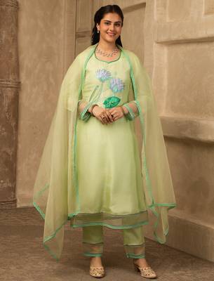 Pastel green hand embroidered silk suit 1