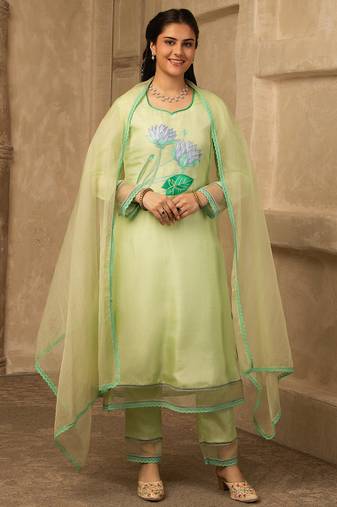 Pastel green hand embroidered silk suit