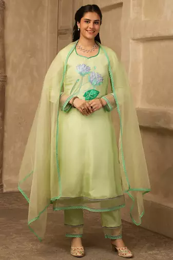 Pastel green hand embroidered silk suit