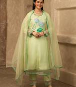 Pastel green hand embroidered silk suit