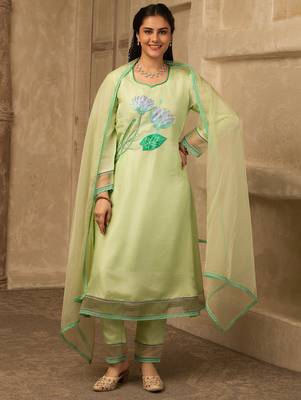 Pastel green hand embroidered silk suit 2
