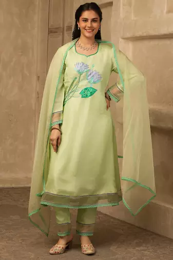 Pastel green hand embroidered silk suit