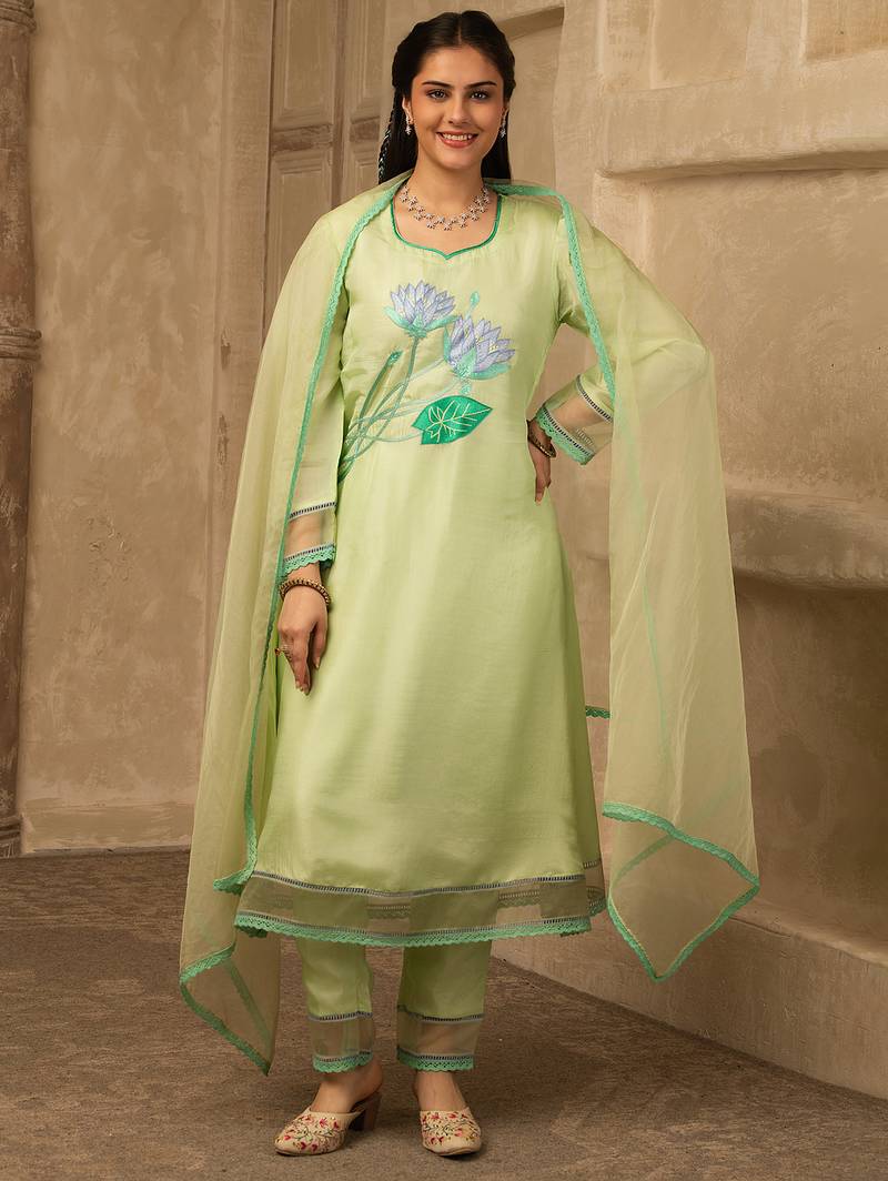 Pastel green hand embroidered silk suit