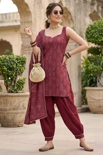 Burgundy floral printed cotton kurta set