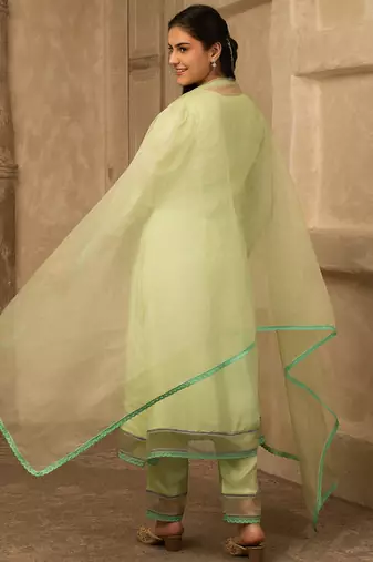 Pastel green hand embroidered silk suit