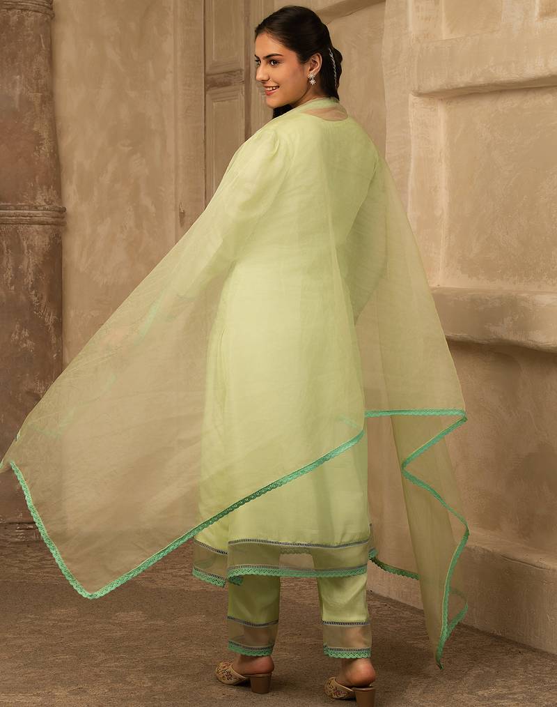 Pastel green hand embroidered silk suit