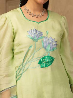 Pastel green hand embroidered silk suit 4