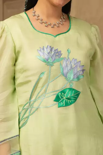 Pastel green hand embroidered silk suit