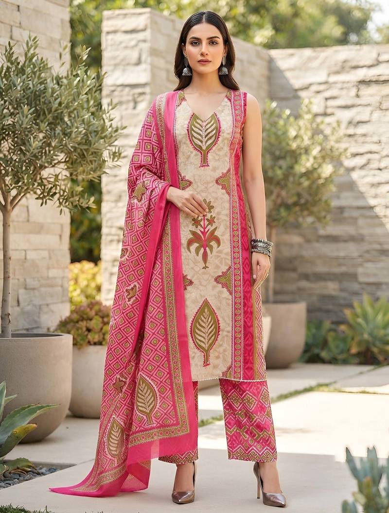 Pink floral printed cotton kurta set