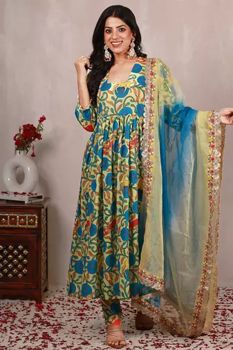 Pastel yellow madhubani art print a line suit set
