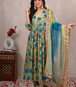 Pastel yellow madhubani art print a line suit set