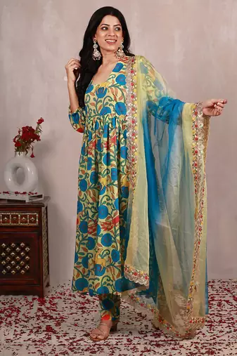 Pastel yellow madhubani art print a line suit set
