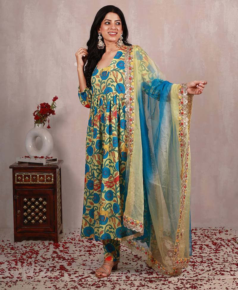 Pastel yellow madhubani art print a line suit set