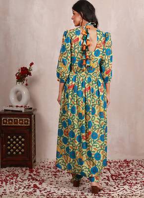 Pastel yellow madhubani art print a line suit set 3