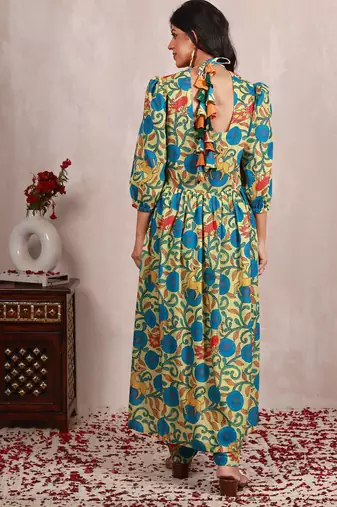 Pastel yellow madhubani art print a line suit set
