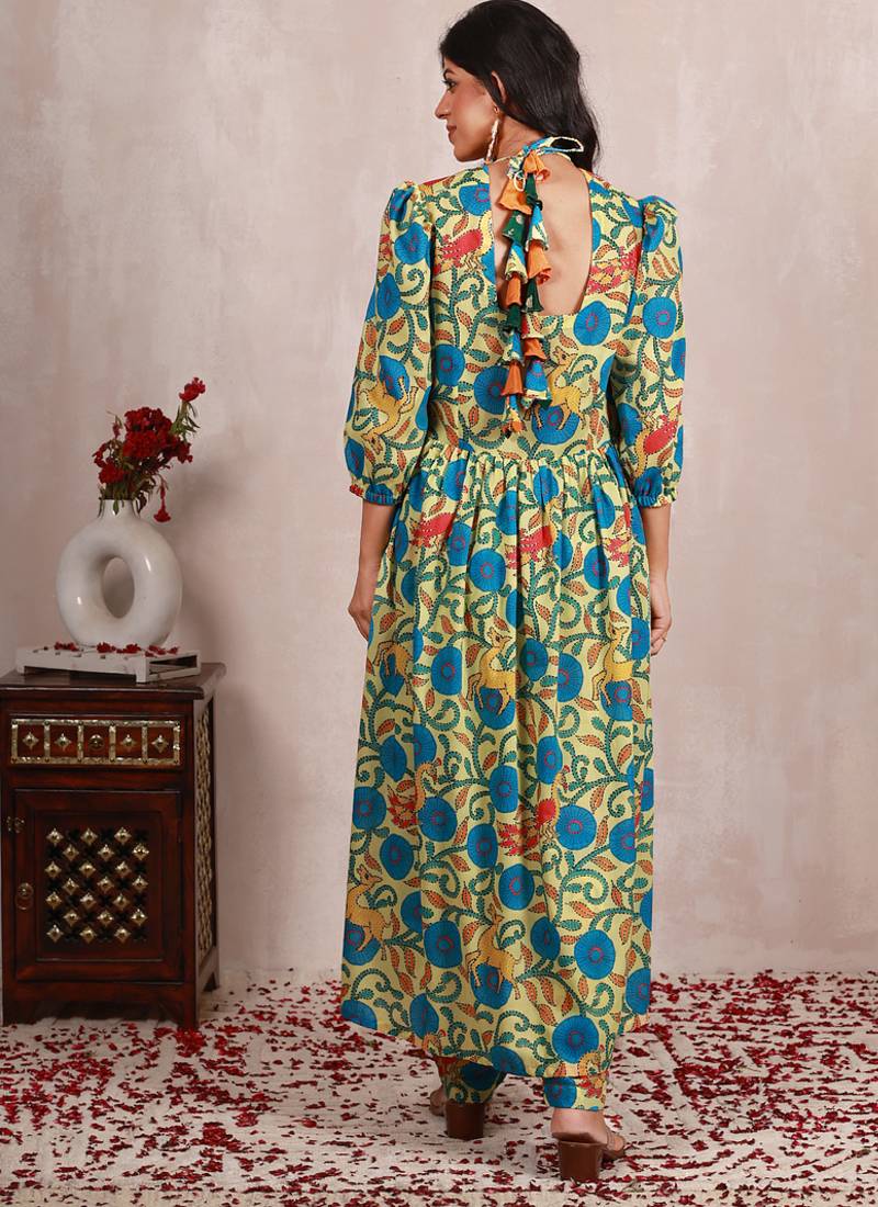 Pastel yellow madhubani art print a line suit set