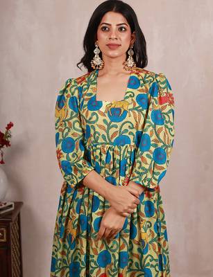 Pastel yellow madhubani art print a line suit set 4