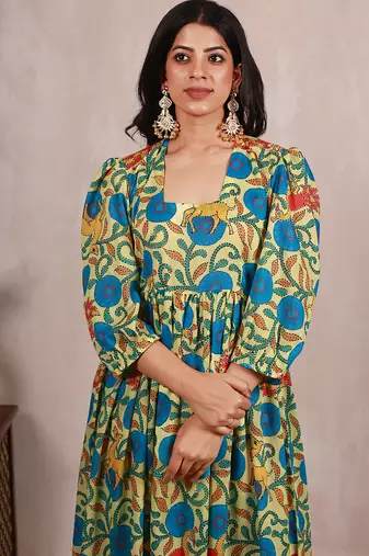 Pastel yellow madhubani art print a line suit set