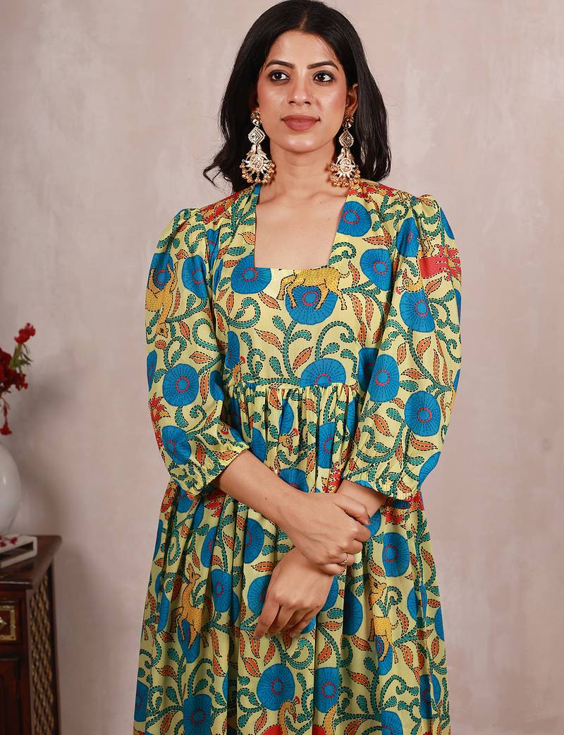 Pastel yellow madhubani art print a line suit set
