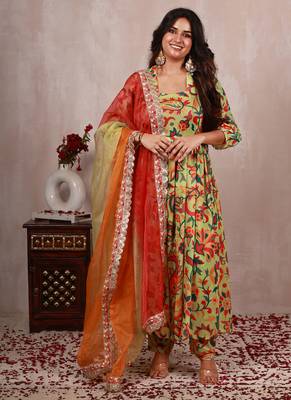 Pastel green kani work print a line suit set 1