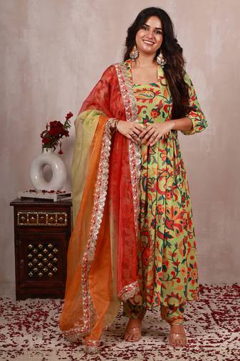 Pastel green kani work print a line suit set