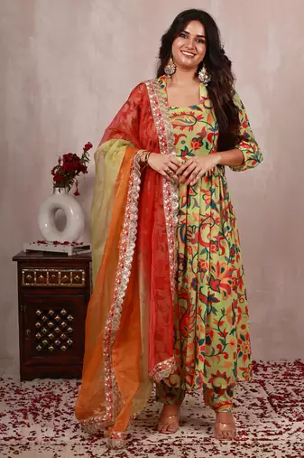 Pastel green kani work print a line suit set
