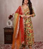 Pastel green kani work print a line suit set