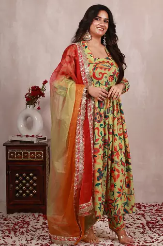 Pastel green kani work print a line suit set