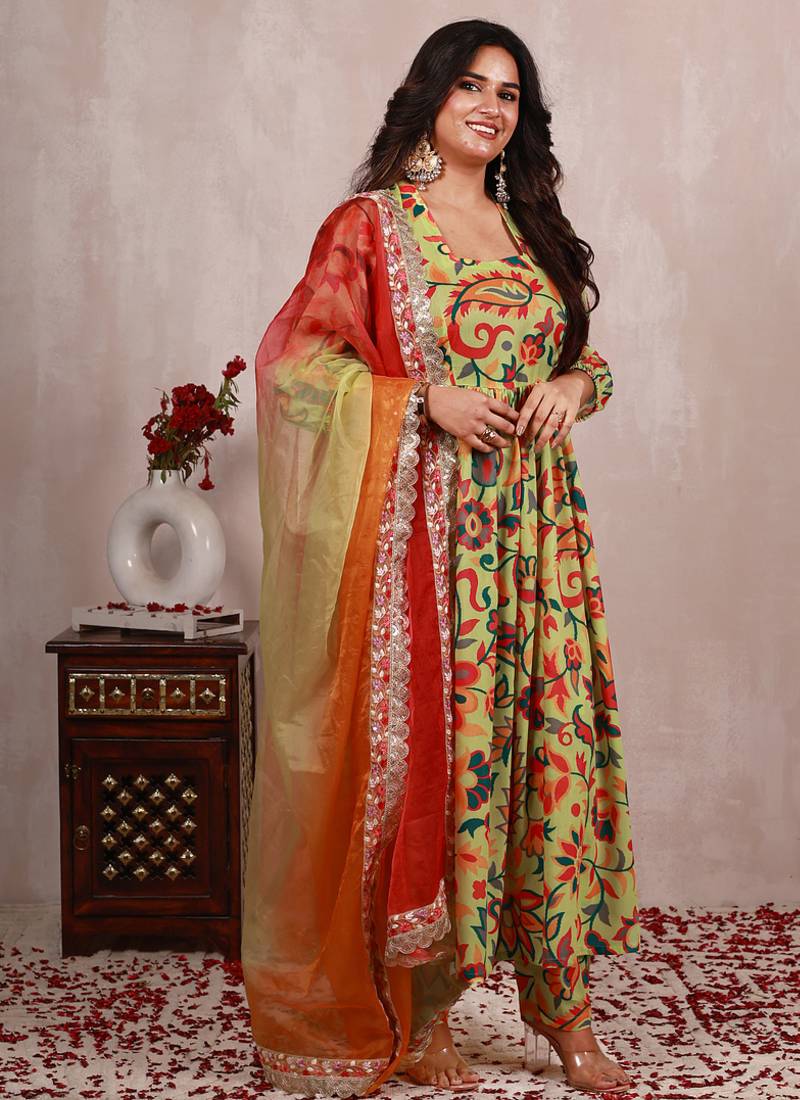 Pastel green kani work print a line suit set