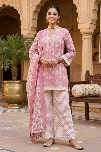 Mauve floral printed cotton kurta set